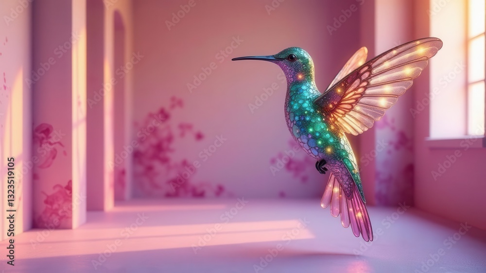 Obraz premium Illuminated Hummingbird in a Serene Pink Room, Gracefully Hovering Mid-Flight, Wings Aglow