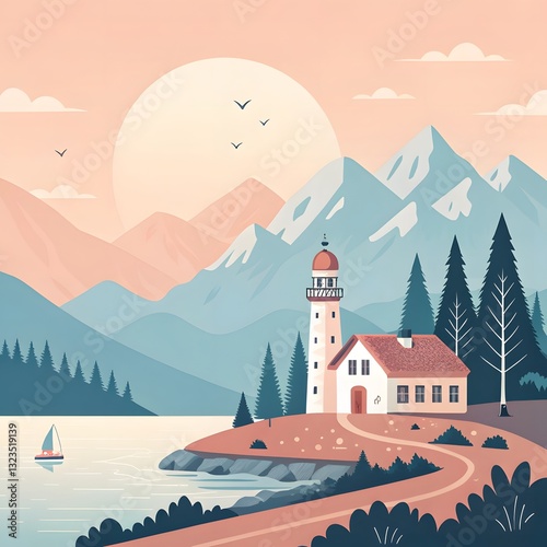 Scenic Lighthouse Landscape with Mountains and Sunset