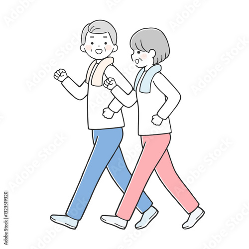 楽しくウォーキングするシニア夫婦
