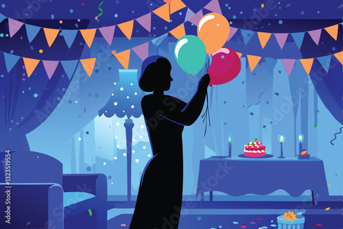 A joyful mother meticulously inflates colorful balloons, preparing a vibrant and festive birthday party setting for her child.