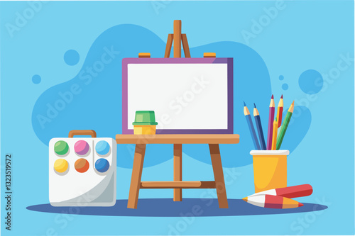 Colorful art supplies arranged near an easel with a blank canvas ready for creativity in a bright blue studio space