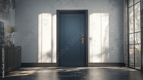 A door product display space, the door is a dark gray double door, simple and elegant, with rich design lines, brass cast handle and delicate texture.