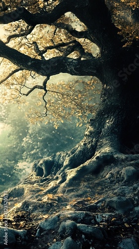 Ancient Tree in Autumn Forest: A Majestic Landscape