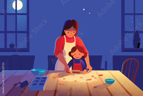 A heartwarming scene of a mother patiently teaching her young child to bake chocolate chip cookies in a cozy kitchen.