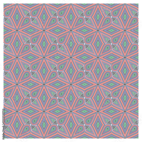 A geometric pattern featuring overlapping star and teardrop shape, with vibrant red, blue, and green line work on a light background.