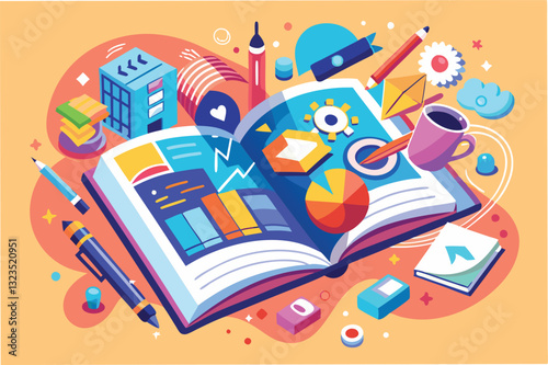 Creative workspace filled with colorful art supplies and open sketchbook on a vibrant orange background showcasing artistic expression and imagination