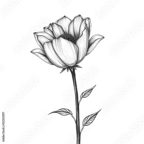 Botanical Beauty: A delicate, monochrome pencil drawing of a stylized flower. the intricate details of its petals and stem create a timeless image.