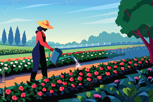 A loving mother gently waters vibrant flowering plants in a lush, colorful garden, sunlight illuminating the scene.