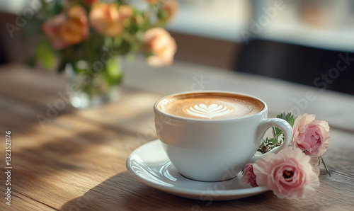 Wallpaper Mural Cup of coffee and flowers on the table in the morning light, generated ai
 Torontodigital.ca