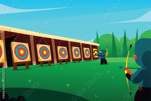 Whimsical cartoon characters engaged in archery practice at a vibrant, sunny outdoor range.  Arrows fly, targets are hit.