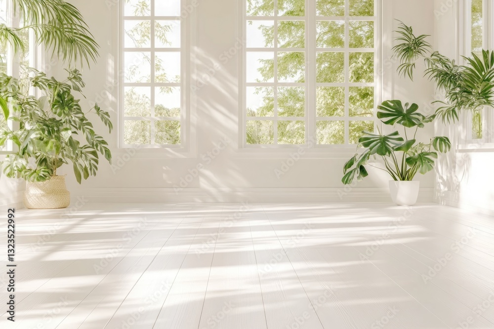 Fototapeta premium Modern Minimalistic Interior Design With Natural Light and Plants in a Bright Space