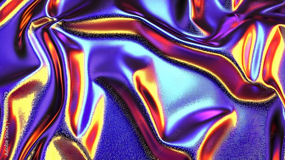 Vibrant Abstract Texture of Shiny Fabric in Shades of Purple, Blue and Orange with Dynamic Flow Vibrant Abstract Texture of Shiny Fabric in Shades of Purple, Blue and Orange with Dynamic Flow