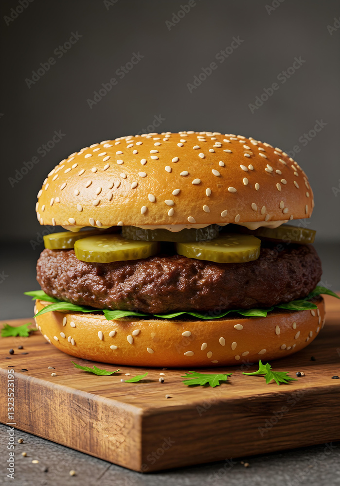 Delicious juicy hamburger with sesame seed bun, beef patty, and pickles on a rustic wooden board