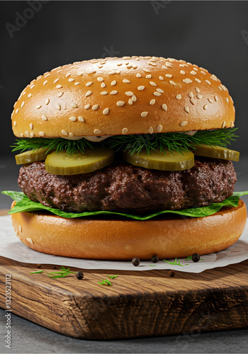 Delicious juicy hamburger with sesame seed bun, beef patty, and pickles on a rustic wooden board