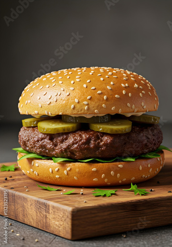 Obraz na płótnie Delicious juicy hamburger with sesame seed bun, beef patty, and pickles on a rustic wooden board w salonie