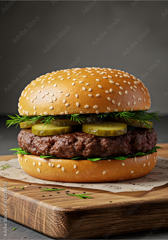 Delicious juicy hamburger with sesame seed bun, beef patty, and pickles on a rustic wooden board