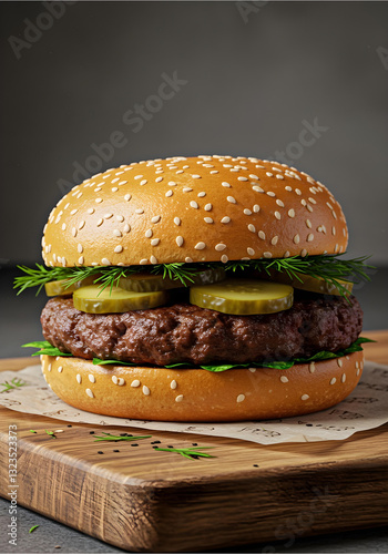 Obraz na płótnie Delicious juicy hamburger with sesame seed bun, beef patty, and pickles on a rustic wooden board w salonie