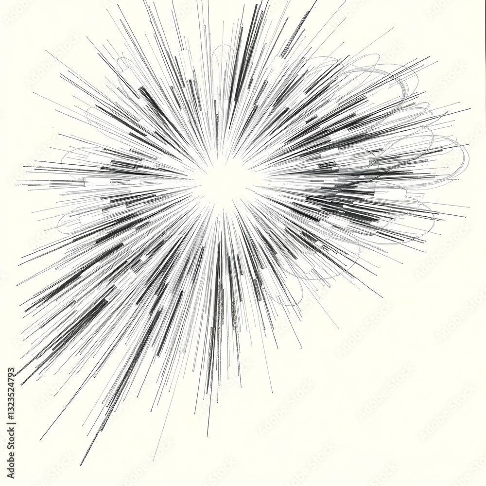 Obraz premium Abstract Burst of Energy: A dynamic and visually striking abstract artwork featuring a radiant central point from which numerous linear elements radiate outward.