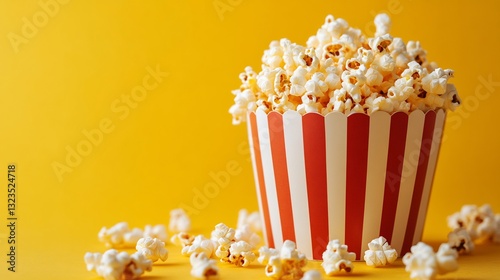 Buttery popcorn overflows red striped container against vibrant yellow background. AI Generated