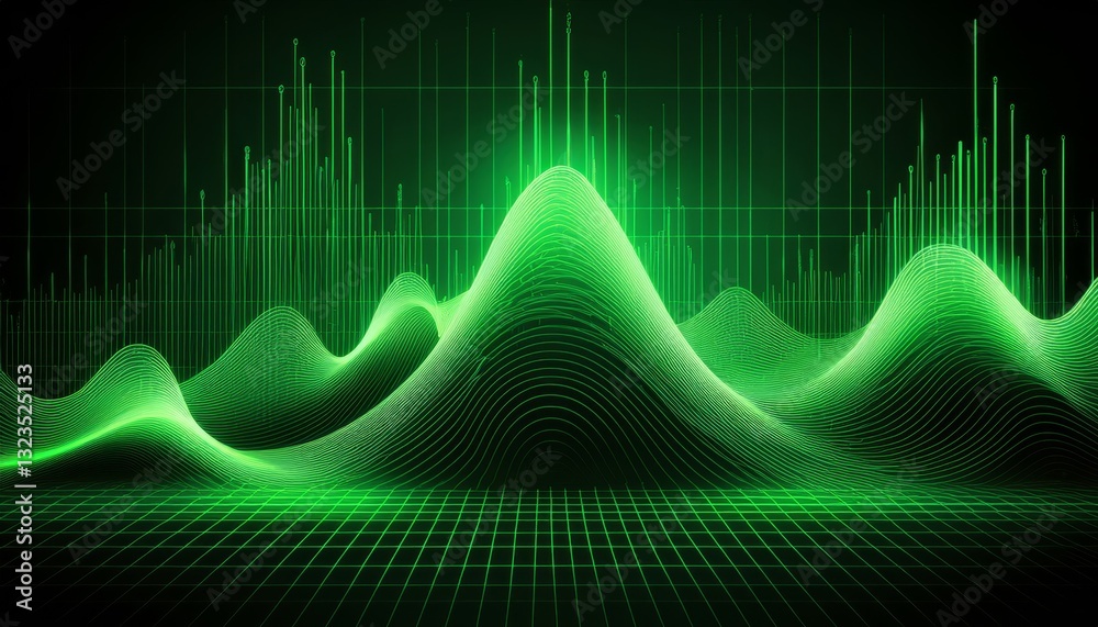 Naklejka premium fluctuating vibrant glowing digital waveforms on a black grid background