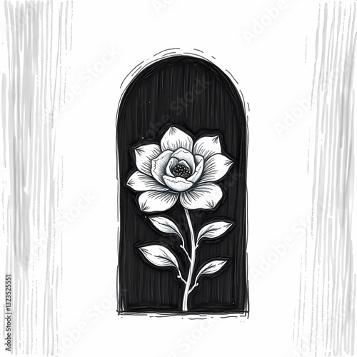 Rose Illustration in Black Frame: A beautifully illustrated rose in full bloom, encased within a striking black, arched frame, showcasing the elegant simplicity of botanical art.