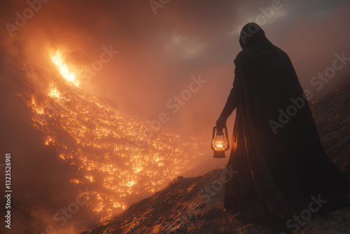 Mystic Figure, Burning Mountain, Night