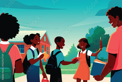 Joyful children receive gifts, vibrant uplifting background, diverse group, smiling faces, positive emotions, charitable giving.