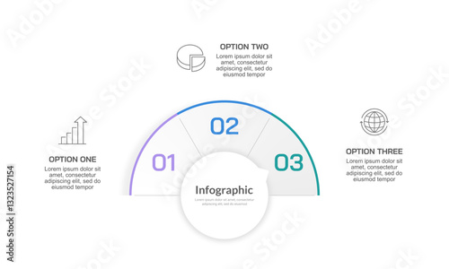 Business visualization infographic semi circle design template with 3 options or steps. Presentation, Report, Banner, and Plan. Vector illustration.	