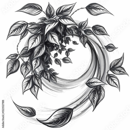 Ethereal Flora: a captivating grayscale illustration of delicate leaves, intricately arranged in a circular, swirling design, evoking a sense of natural elegance. 