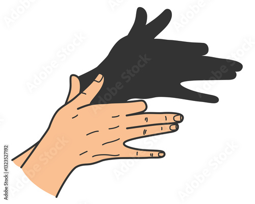 Hand gesture. Gaming animal puppet from hand. Light shade imagination ingenious. Hand play theatrical puppet. Vector cartoon illustration