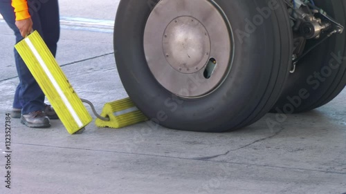 Airplane wheel chocked at airport in 4k slow motion 60fps