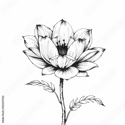Blooming Elegance: A detailed, monochrome line drawing of a blossoming flower, highlighting the intricate details of its petals and stem.