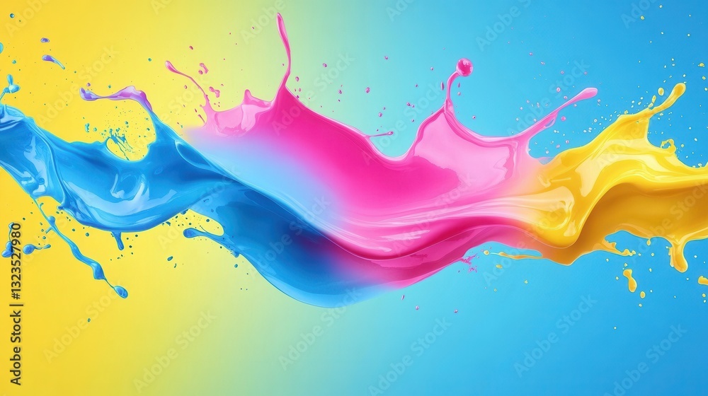 Fototapeta premium Vivid color splash blending yellow, pink, and blue with striking contrast in a dynamic artistic display