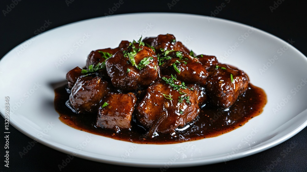 A creative color-contrast shot of adobo, with dark, rich sauce on a pristine white ceramic plate, isolated on a pure black background A creative color-contrast shot of adobo, with dark, rich sauce on a pristine white ceramic plate, isolated on a pure black background