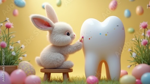 A rabbit is painting a toothbrush with a toothbrush on a yellow background