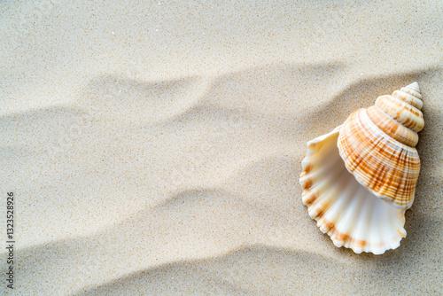 minimalist composition of single seashell resting on smooth sand, evoking sense of tranquility and simplicity. shell intricate patterns contrast beautifully with soft, wavy texture of sand