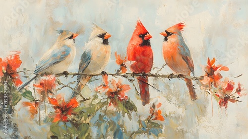 Fototapeta Naklejka Na Ścianę i Meble -  Vibrant Watercolor Painting of Colorful Birds on a Branch Surrounded by Blossoming Flowers
