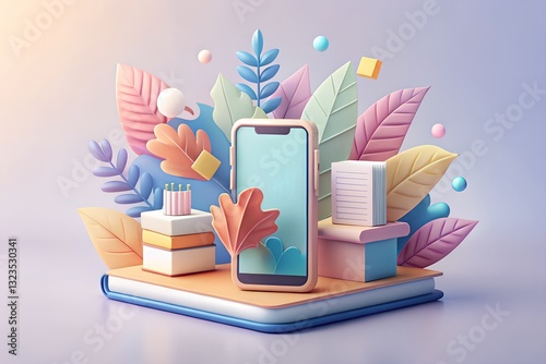 Modern Smartphone with E-Reading App Surrounded by 3D Book Icons and Leafy Decorations