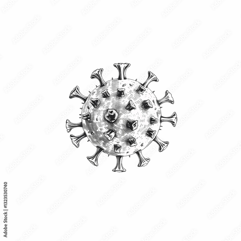 Obraz premium Microscopic Menace: A detailed grayscale illustration of a microscopic virus particle, symbolizing the invisible threats to global health, reflecting the impact of diseases.