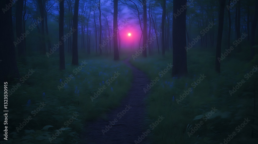 Fototapeta premium Mystical Forest Path at Twilight with a Pink Sun