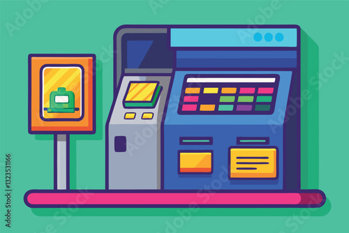 Vector illustration of a modern bank ATM and nearby cash deposit machine in a vibrant setting with a clean design
