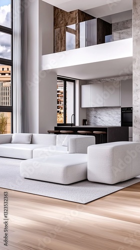 Modern minimalist living room with kitchen area  