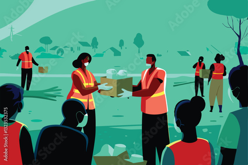 Volunteers distributing essential care packages to needy individuals; a scene of compassion and community support.