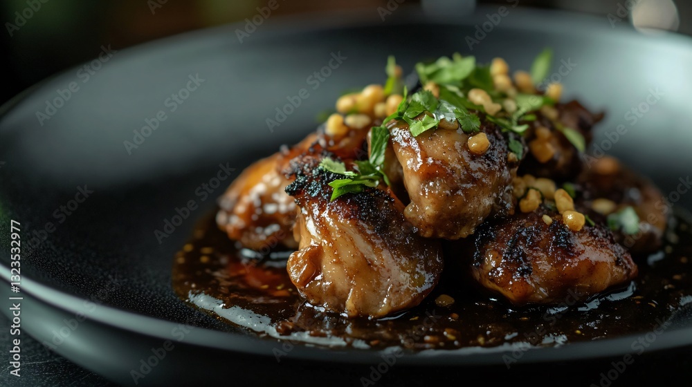 Moody lighting shot of chicken adobo, highlighting the deep, rich sauce and textures, plated in a fine-dining setup Moody lighting shot of chicken adobo, highlighting the deep, rich sauce and textures, plated in a fine-dining setup