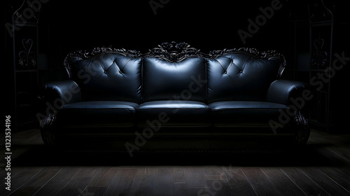 Luxurious Black Leather Sofa Centered In Dimly Lit Interior With Gleaming Surface And Dark Wooden Floor