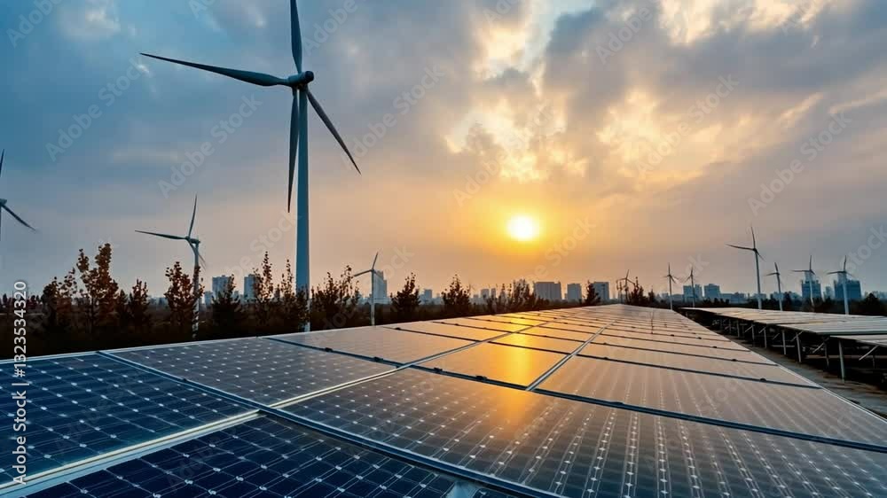Sunrise of Renewable Energy: a harmonious blend of solar panels and wind turbines under a cloudy sky at dawn, illustrating the bright future of sustainable power