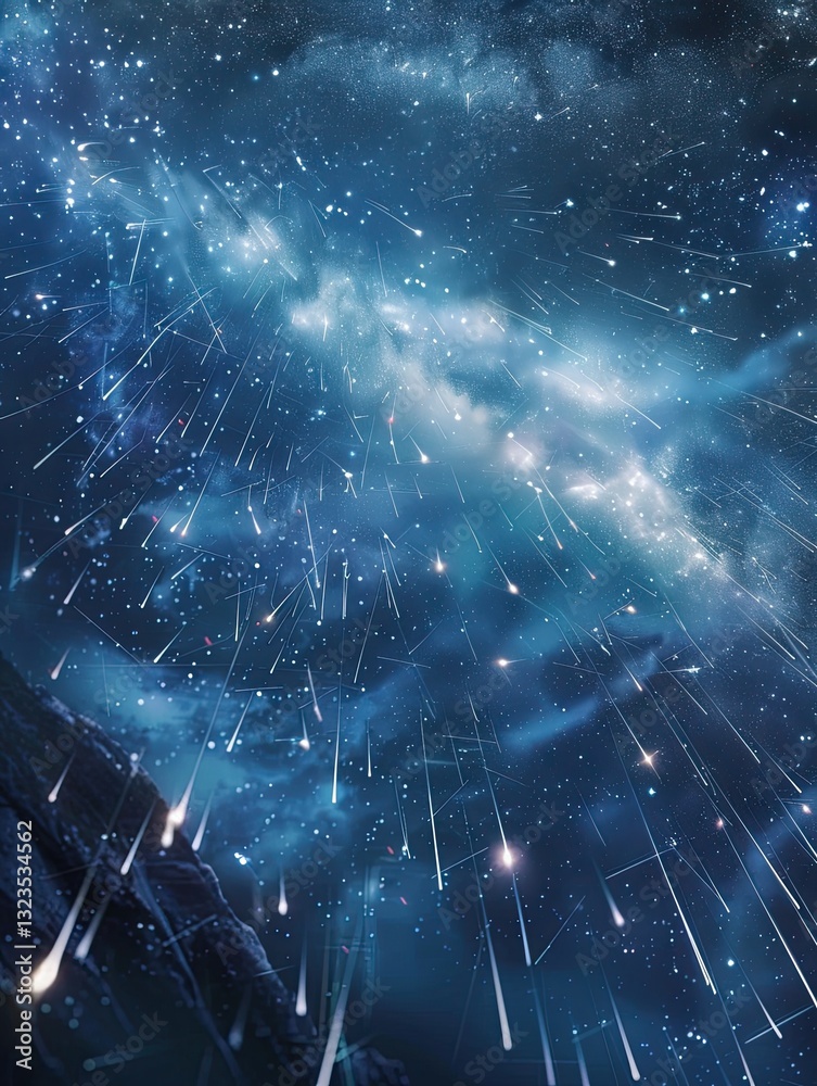 Fototapeta premium Celestial cascade, meteor shower over a rocky landscape at night