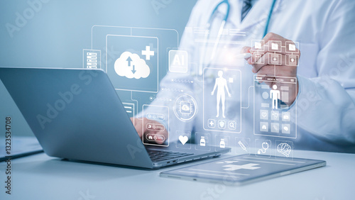 Medical Health Cloud data Concept. A doctor analyzing with a tablet and laptop, accessing medical cloud data via holographic interfaces displaying patient information, AI and medical technology.