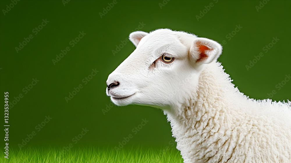 Obraz premium Close-up of a sheep, profile view, against a green background