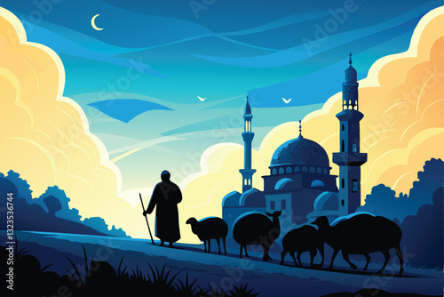 A dramatic silhouette of a shepherd guiding a flock of sheep at sunset, walking towards the viewer.  Detailed, realistic style.